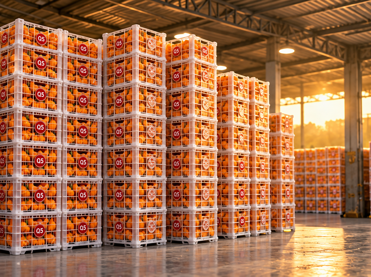Illustration of orange-filled crates stacked inside a sunlit warehouse